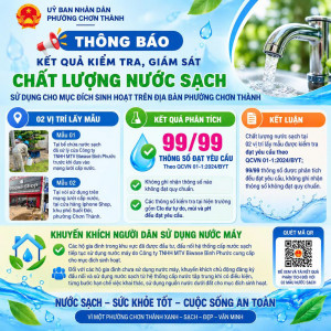 PHƯỜNG CHƠN THÀNH THÔNG BÁO KẾT QUẢ KIỂM TRA, GIÁM SÁT CHẤT LƯỢNG NƯỚC SẠCH SINH HOẠT TRÊN ĐỊA BÀN PHƯỜNG