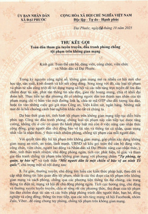 Công an xã Đại Phước chủ động tham mưu đồng chí Chủ tịch UBND xã ban hành Thư kêu gọi toàn dân tham gia phòng, chống tội phạm trên không gian mạng