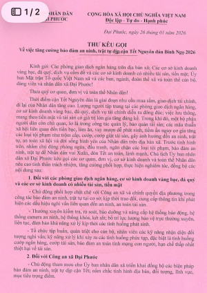Công an xã Đại Phước tham mưu Chủ tịch UBND xã ban hành Thư kêu gọi tăng cường bảo đảm an ninh, trật tự dịp cận Tết Nguyên đán Bính Ngọ 2026