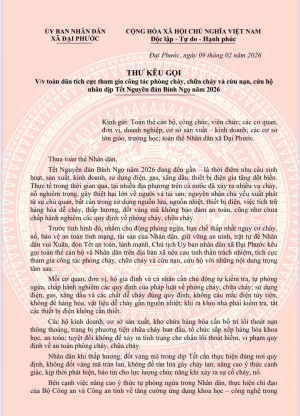Công an xã Đại Phước chủ động tham mưu Chủ tịch UBND xã ban hành Thư kêu gọi toàn dân tích cực tham gia phòng cháy, chữa cháy trong dịp Tết Nguyên đán Bính Ngọ năm 2026