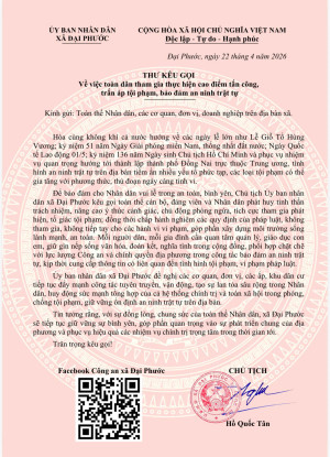 Công an xã Đại Phước chủ động tham mưu ban hành Thư kêu gọi toàn dân tham gia bảo đảm an ninh trật tự dịp các ngày lễ lớn