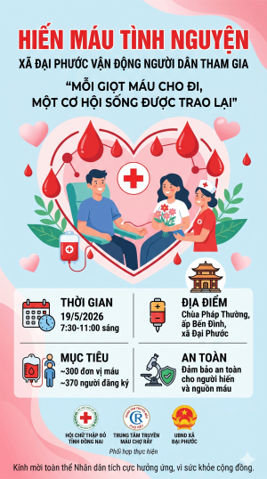 Xã Đại Phước vận động người dân tham gia hiến máu tình nguyện ngày 19/5/2026