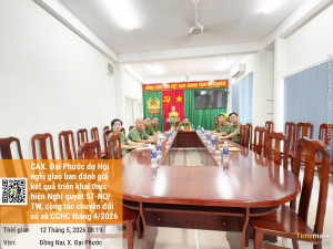 Công an xã Đại Phước tham dự hội nghị trực tuyến giao ban triển khai thực hiện Nghị quyết số 57-NQ/TW, công tác chuyển đổi số và cải cách hành chính tháng 4/2026