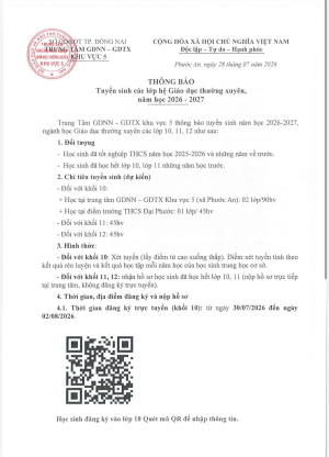 Tuyển sinh các hệ giáo dục thường xuyên, năm học 2026-2027