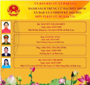 Uỷ ban bầu cử xã Đak Lua công bố kết quả và danh sách người trúng cử Đại biểu HĐND Xã Đak Lua nhiệm kỳ 2026-2031. (Đơn vị bầu cử số 2)