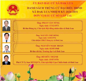 Uỷ ban bầu cử xã Đak Lua công bố kết quả và danh sách người trúng cử Đại biểu HĐND Xã Đak Lua nhiệm kỳ 2026-2031. (Đơn vị bầu cử số 1)