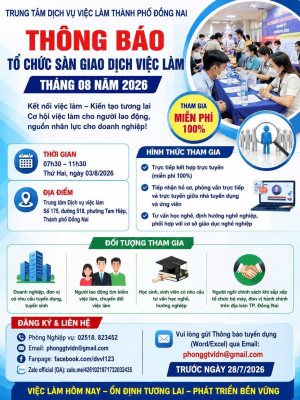 THÔNG BÁO TỔ CHỨC SÀN GIAO DỊCH VIỆC LÀM THÁNG 8 NĂM 2026