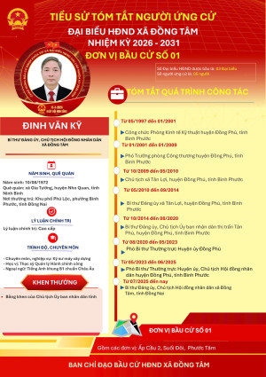 Ủy ban bầu cử xã Đồng Tâm trân trọng giới thiệu tiểu sử tóm tắt của những người ứng cử đại biểu Hội đồng nhân dân xã Đồng Tâm, nhiệm kỳ 2026 – 2031.