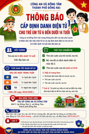 Thông báo về việc cấp định danh điện tử cho trẻ em từ 6 đến dưới 14 tuổi trên địa bàn xã Đồng Tâm