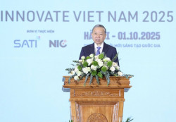 Tổng Bí thư Tô Lâm phát biểu chỉ đạo tại Lễ hưởng ứng Ngày hội Đổi mới sáng tạo quốc gia 2025 - Ảnh: VGP