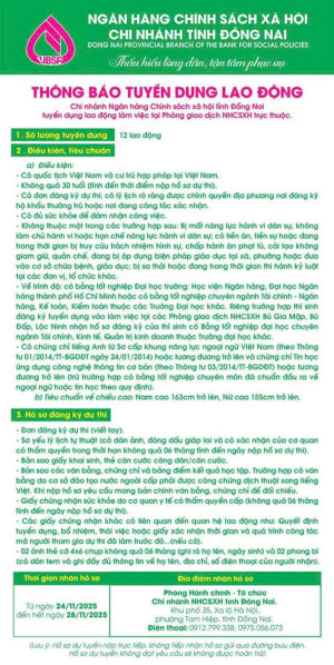 NGÂN HÀNG CHÍNH SÁCH XÃ HỘI TỈNH ĐỒNG NAI THÔNG BÁO TUYỂN DỤNG 12 LAO ĐỘNG LÀM VIỆC TẠI CÁC PHÒNG GIAO DỊCH TRỰC THUỘC.