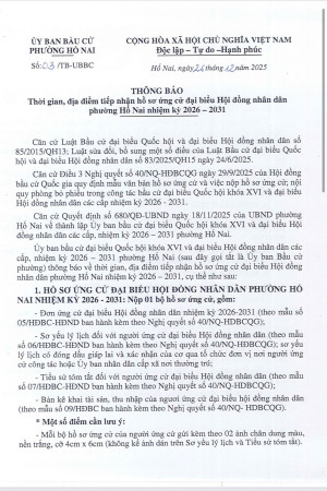 Thông báo thời gian, địa điểm tiếp nhận hồ sơ ứng cử đại biểu Hội đồng nhân dân phường Hố Nai nhiệm kỳ 2026 - 2031