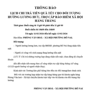 THÔNG BÁO LỊCH CHI TRẢ TIỀN QUÀ TẾT CHO ĐỐI TƯỢNG HƯỞNG LƯƠNG HƯU