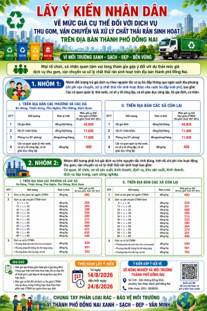Thông báo lấy ý kiến nhân dân về mức giá cụ thể đối với dịch vụ thu gom, vận chuyển và xử lý chất thải rắn sinh hoạt trên địa bàn thành phố Đồng Nai