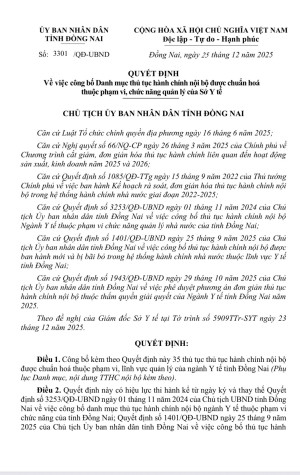 Quyết định về việc công bố Danh mục thủ tục hành chính nội bộ được chuẩn hoá thuộc phạm vi, chức năng quản lý của Sở Y tế