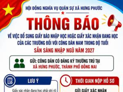 Thông báo V/v nộp giấy xác nhận đang học của công dân nam trong độ tuổi thực hiện nghĩa vụ quân sự năm 2027