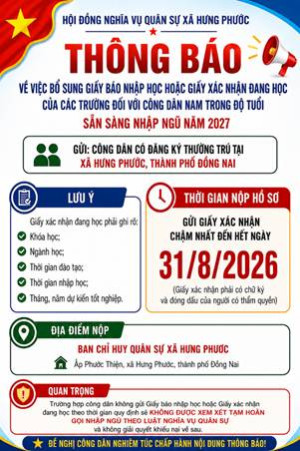 Thông báo V/v nộp giấy xác nhận đang học của công dân nam trong độ tuổi thực hiện nghĩa vụ quân sự năm 2027