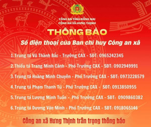 Công an xã Hưng Thịnh thông báo số điện thoại của Ban chỉ huy Công an xã