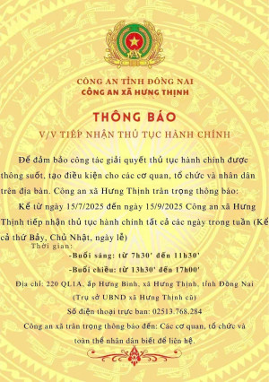Công an xã Hưng Thịnh thông báo về việc tiếp nhận các thủ tục hành chính
