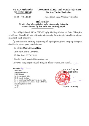 Thông báo công bố người phát ngôn và cung cấp thông tin cho báo chí xã Hưng Thịnh page 0001