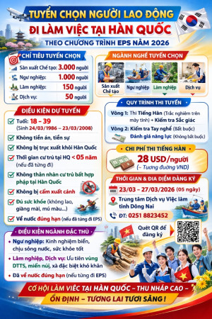 Thông báo tiếp nhận đăng ký đi làm việc tại Hàn Quốc (Chương trình EPS) ngành công nghiệp gốc năm 2026