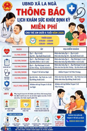 THÔNG BÁO LỊCH KHÁM SỨC KHOẺ ĐỊNH KỲ MIỄN PHÍ CHO TRẺ DƯỚI 6...