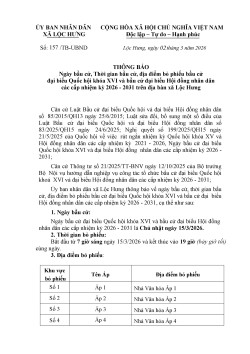 TB 157 về ngày bầu cử, thời gian bầu cử, địa điểm bỏ phiếu bầu cử đại biểu Quốc hội khóa XVI và bầu cử đại biểu Hội đồng nhân dân các cấp nhiệm kỳ 2026 2031 0
