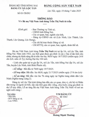 THÔNG BÁO V/V BÀ MẸ VIỆT NAM ANH HÙNG TRẦN THỊ NUÔI TỪ TRẦN