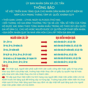 THÔNG BÁO VỀ VIỆC CẤP PHÁT QUÀ NHÂN DỊP KỶ NIỆM 80 NĂM CÁCH MẠNG THÁNG TÁM VÀ QUỐC KHÁNH 02/9