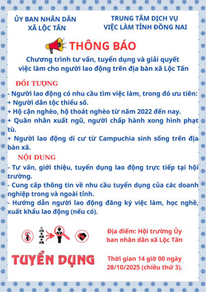 Thông báo tư vấn tuyển dụng và giải quyết việc làm cho người lao động trên địa bàn xã Lộc Tấn