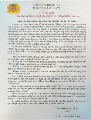 THÔNG BÁO CHẤP HÀNH NGHIÊM VỀ GIAO THÔNG, TRẬT TỰ CÔNG CỘNG