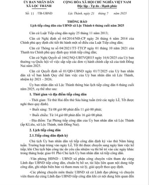 LỊCH TIẾP CÔNG DÂN UBND XÃ LỘC THÀNH 6 THÁNG CUỐI NĂM 2025
