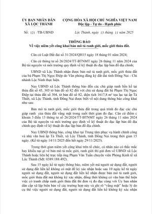 Thông báo của UBND xã Lộc Thành về việc niêm yết công khai bản mô tả ranh giới, mốc giới thửa đất của bà Phạm Thị Ngọc Điệp./