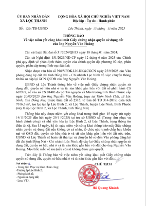 NIÊN YẾT CÔNG KHAI MẤT GIẤY CHỨNG NHẬN QUYỀN SỬ DỤNG ĐẤT CỦA ÔNG NGUYỄN VĂN HOÀNG