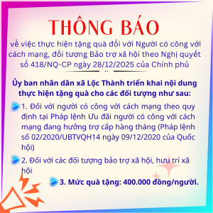 Thông báo về việc thực hiện tặng quà đối với  Người có công...