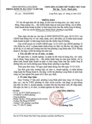 Thông báo về việc đề nghị tháo dỡ vật dụng, di dời toàn bộ hàng hóa, cây cảnh, bạt di động, bảng quảng cáo,... lấn chiếm hành lang an toàn giao thông, các tụ điểm kinh doanh kinh doanh tự phát và tình trạng buôn bán lấn chiếm lòng lề đường trên các tuyến