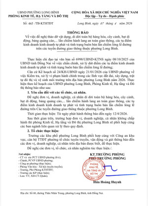 Thông báo Về việc đề nghị tháo dỡ vật dụng, di dời toàn bộ hàng hóa, cây cảnh, bạt di động, bảng quảng cáo,... lấn chiếm hành lang an toàn giao thông