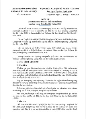 Điều lệ thi đấu giải Pickleball Đại hội Thể dục thể thao phường Long Bình lần thứ I năm 2026