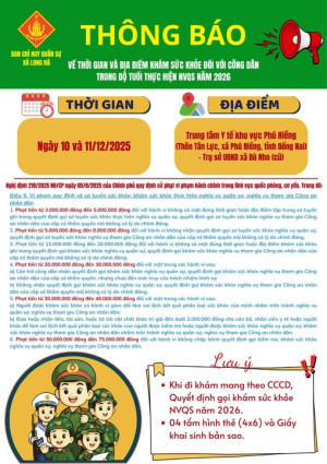 Thông báo về thời gian và địa điểm khám sức khỏe đối với công dân trong độ tuổi thực hiện nghĩa vụ quân sự năm 2026