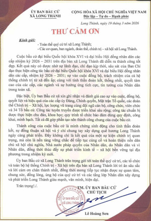Thư cảm ơn của Ủy ban bầu cử xã Long Thành đến các tổ chức,...