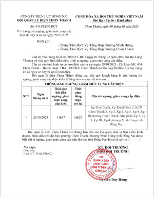 Thông báo ngừng, giảm mức cung cấp điện do xảy ra sự cố ngày 29/10/2025
