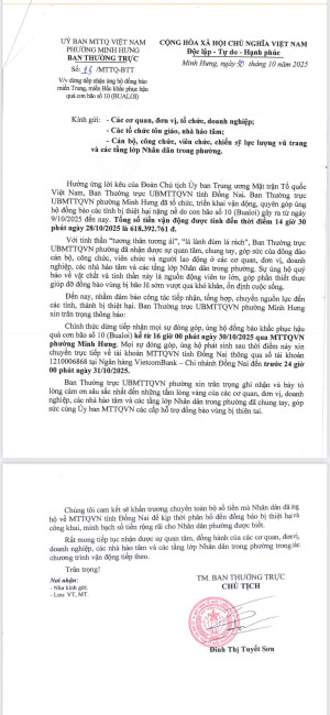 UBMTTQVN PHƯỜNG MINH HƯNG DỪNG TIẾP NHẬN ỦNG HỘ ĐỒNG BÀO MIỀN TRUNG, MIỀN BẮC KHẮC PHỤC HẬU QUẢ CƠN BÃO SỐ 10 VÀ SỐ 11