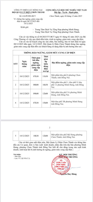THÔNG BÁO NGỪNG, GIẢM MỨC CUNG CẤP ĐIỆN (TỪ NGÀY 10/12 ĐẾN NGÀY 14/12/2025)