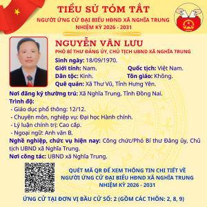 TÓM TẮT TIỂU SỬ NGƯỜI ỨNG CỬ ĐẠI BIỂU HĐND XÃ NGHĨA TRUNG NHIỆM KỲ 2026 - 2031 NGUYỄN VĂN LƯU