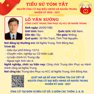 TÓM TẮT TIỂU SỬ NGƯỜI ỨNG CỬ ĐẠI BIỂU HĐND XÃ NGHĨA TRUNG NHIỆM KỲ 2026 - 2031 LÔ VĂN SƯỚNG