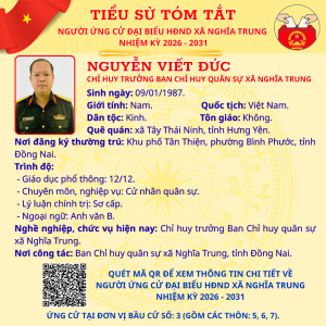 TÓM TẮT TIỂU SỬ NGƯỜI ỨNG CỬ ĐẠI BIỂU HĐND XÃ NGHĨA TRUNG NHIỆM KỲ 2026 - 2031 NGUYỄN VIẾT ĐỨC