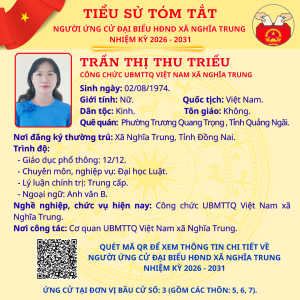 TÓM TẮT TIỂU SỬ NGƯỜI ỨNG CỬ ĐẠI BIỂU HĐND XÃ NGHĨA TRUNG NHIỆM KỲ 2026 - 2031 TRẦN THỊ THU TRIỀU