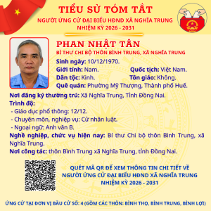TÓM TẮT TIỂU SỬ NGƯỜI ỨNG CỬ ĐẠI BIỂU HĐND XÃ NGHĨA TRUNG NHIỆM KỲ 2026 - 2031 PHAN NHẬT TÂN