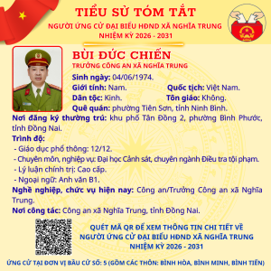 TÓM TẮT TIỂU SỬ NGƯỜI ỨNG CỬ ĐẠI BIỂU HĐND XÃ NGHĨA TRUNG NHIỆM KỲ 2026 - 2031 BÙI ĐỨC CHIẾN