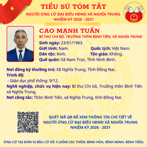 TÓM TẮT TIỂU SỬ NGƯỜI ỨNG CỬ ĐẠI BIỂU HĐND XÃ NGHĨA TRUNG NHIỆM KỲ 2026 - 2031 CAO MẠNH TUẤN